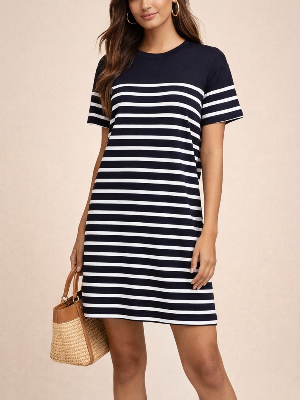 Express Navy & White T-Shirt Dress Casual Striped Mini Dress